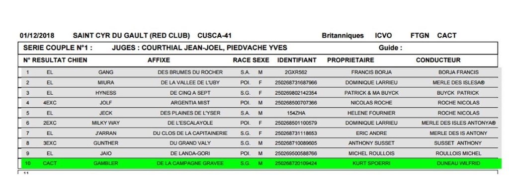 Du bois de balisy - Classement de Gunther en Field trial sur Gibier naturel 