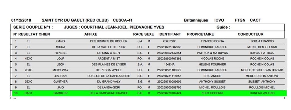 Du bois de balisy - Classement de Gunther en Field trial sur Gibier naturel